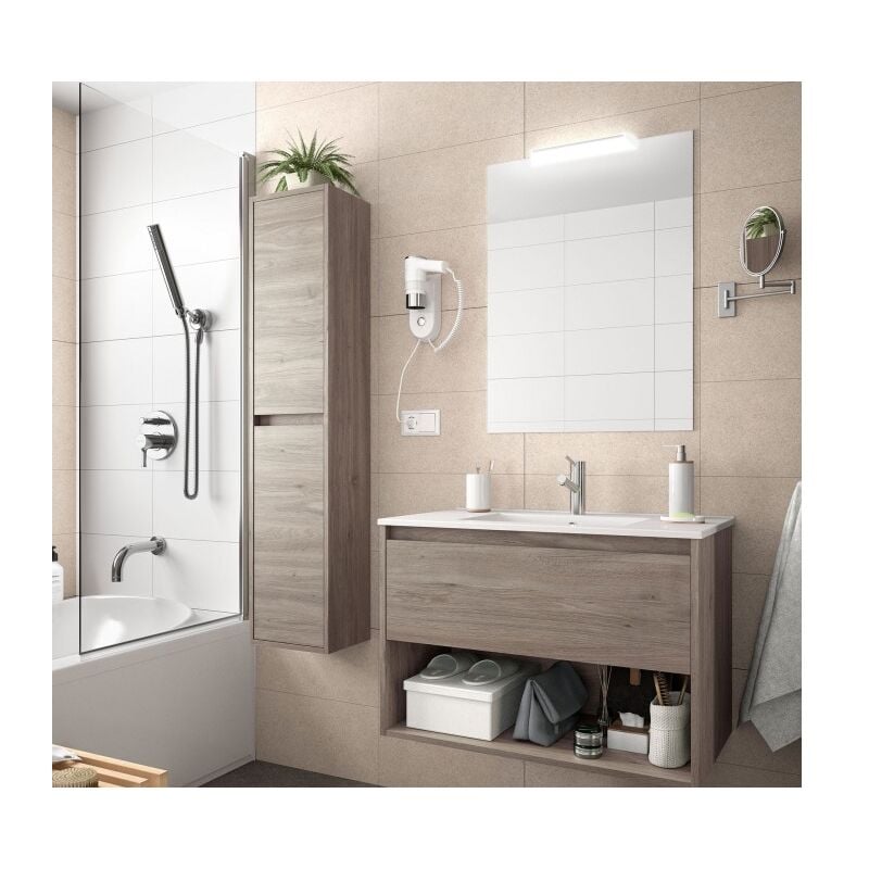 Mueble de baño suspendido 80 cm de madera Roble Eternity con un cajón y un compartimento | 80 cm - Con columna, espejo y lámpara LED
Mueble de baño suspendido 80 cm de madera Roble Eternity con un cajón y un compartimento | 80 cm - Con columna, espejo y lámpara LED