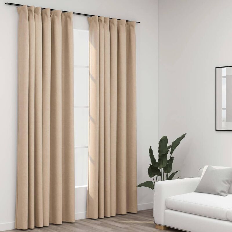 Cortinas opacas con ganchos look de lino 2 pzas beige 140x245cm