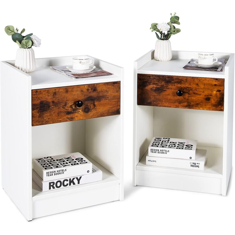Set de 2 Mesitas de Noche, Mesitas Auxiliares con Cajón y Compartimiento Abierto, Archivo de Madera, 43 x 40 x 60 cm (Blanco) - Costway
Set de 2 Mesitas de Noche, Mesitas Auxiliares con Cajón y Compartimiento Abierto, Archivo de Madera, 43 x 40 x 60 cm (Blanco) - Costway