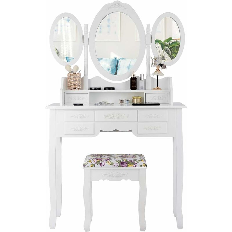 Set Mesa Tocador con Espejo Plegable, Set Mesa Maquillaje y Taburete Acolchado con 7 Cajones y Repisa Abierta (Blanco) - Costway
Set Mesa Tocador con Espejo Plegable, Set Mesa Maquillaje y Taburete Acolchado con 7 Cajones y Repisa Abierta (Blanco) - Costway