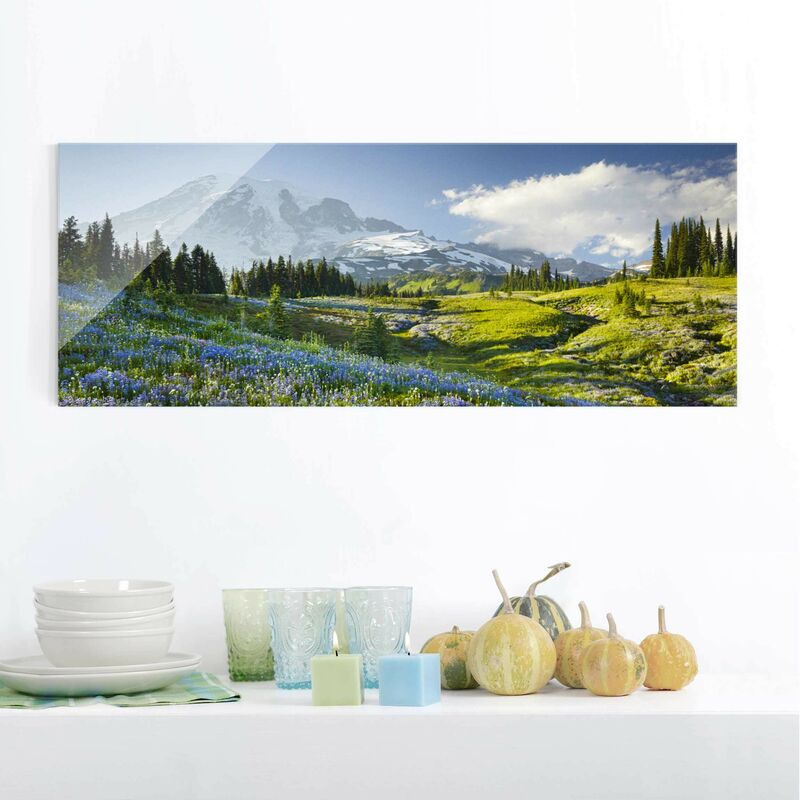 Cuadro de cristal - Mountain meadow with flowers in front of Mt. Rainier - Panorama Apaisado Dimensión LxA: 20cm x 55cm
Cuadro de cristal - Mountain meadow with flowers in front of Mt. Rainier - Panorama Apaisado Dimensión LxA: 20cm x 55cm