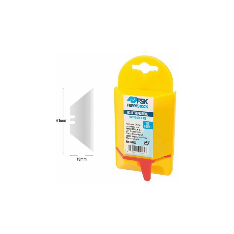 Ferrestock FSKTWR100 blíster con de 100 cuchillas trapezoidales de recambio para navaja o rascavidrio de hoja de 19mm, 7,1mm de diámetro de agujero,
Ferrestock FSKTWR100 blíster con de 100 cuchillas trapezoidales de recambio para navaja o rascavidrio de hoja de 19mm, 7,1mm de diámetro de agujero,