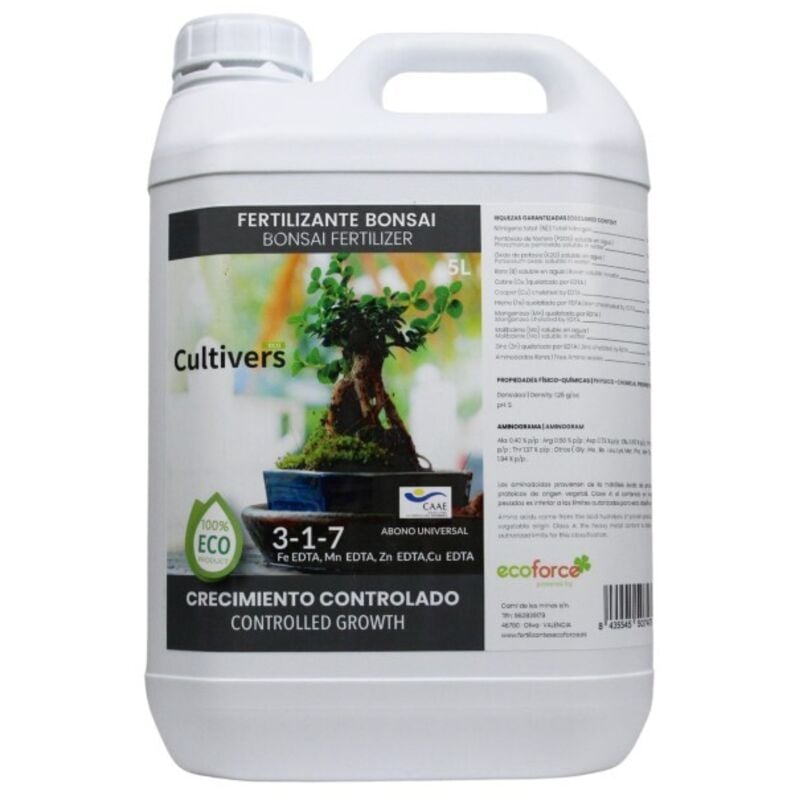 Fertilizante Ecológico para Bonsái 5 L Líquido con Micronutrientes y Aminoácidos. Abono 100% Orgánico y Natural - Cultivers
Fertilizante Ecológico para Bonsái 5 L Líquido con Micronutrientes y Aminoácidos. Abono 100% Orgánico y Natural - Cultivers