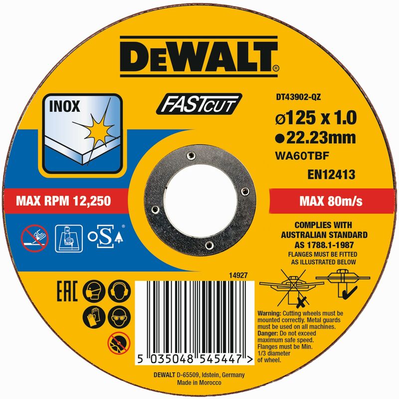 Dewalt DT43902-QZ Disco de corte plano INOX con grano profesional de óxido de aluminio Fast Cut 125 x 1 x 22.23mm
Dewalt DT43902-QZ Disco de corte plano INOX con grano profesional de óxido de aluminio Fast Cut 125 x 1 x 22.23mm