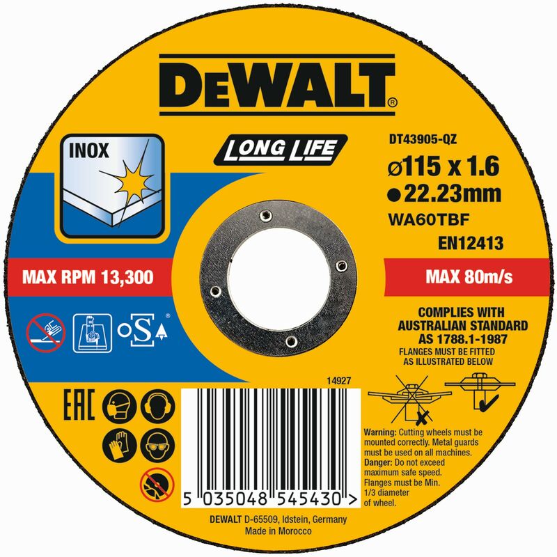 Dewalt DT43905-QZ Disco de corte plano INOX con grano profesional de óxido de aluminio Long Life 115 x 1.6 x 22.23mm
Dewalt DT43905-QZ Disco de corte plano INOX con grano profesional de óxido de aluminio Long Life 115 x 1.6 x 22.23mm