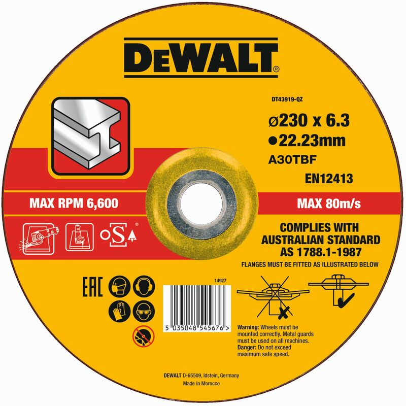 Dewalt DT43919-QZ Disco de desbaste concavo para metal con grano profesional de óxido de alumínio 230 x 6.3 x 22.23mm
Dewalt DT43919-QZ Disco de desbaste concavo para metal con grano profesional de óxido de alumínio 230 x 6.3 x 22.23mm