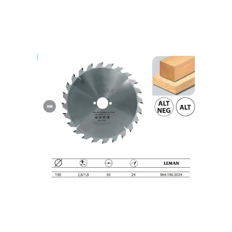 Hoja de carburo para máquinas portátiles Ø190x30x24z ALT Madera - 964.190.3024 - Leman
Hoja de carburo para máquinas portátiles Ø190x30x24z ALT Madera - 964.190.3024 - Leman