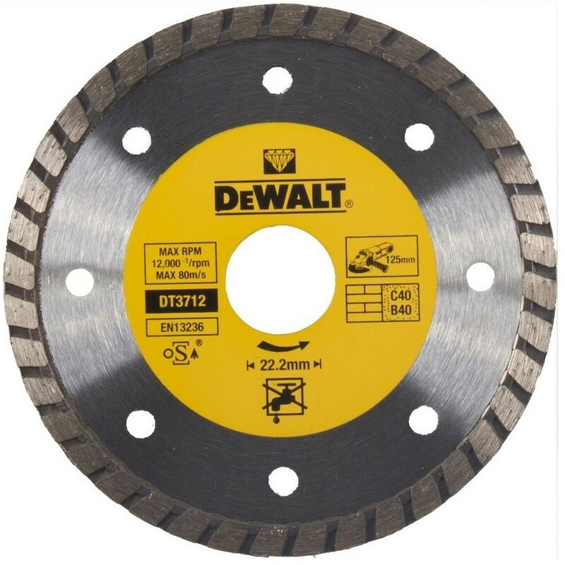 DEWALT DT3712-QZ - Disco de diamante turbo para corte en seco 125x22.2mm para mármol granito y piedra natural
DEWALT DT3712-QZ - Disco de diamante turbo para corte en seco 125x22.2mm para mármol granito y piedra natural