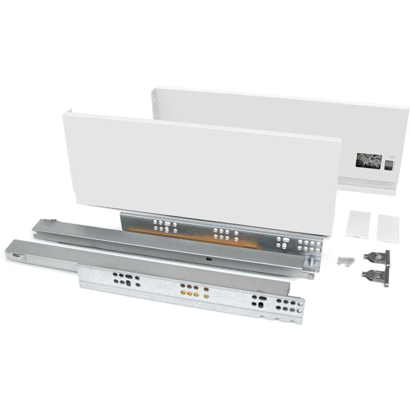 Kit cajón Vertex de cocina o baño, altura 131 mm, prof. 400 mm, 40 Kg, cierre suave, Acero, Blanco
Kit cajón Vertex de cocina o baño, altura 131 mm, prof. 400 mm, 40 Kg, cierre suave, Acero, Blanco