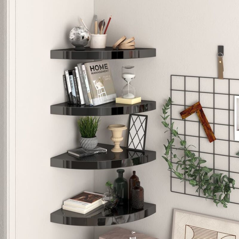 Estante flotante esquina 4 uds MDF negro brillo 35x35x3,8 cm - Negro