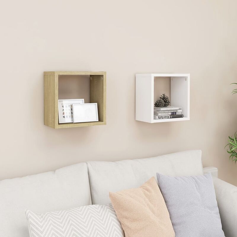 Estantes de cubo de pared 2 uds blanco roble 26x15x26 cm