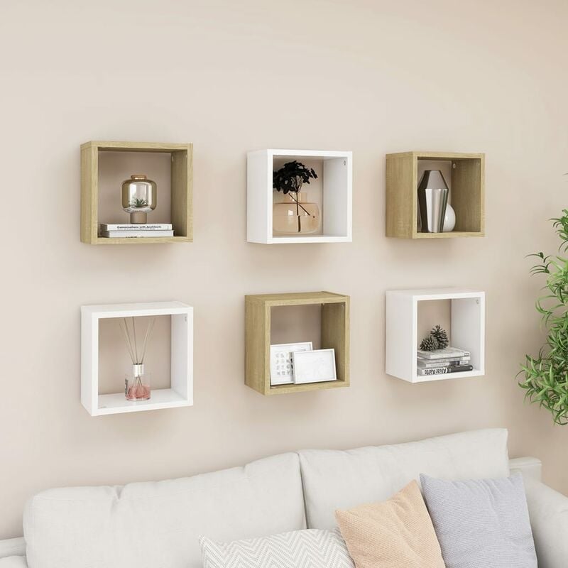 Estantes de cubo de pared 6 uds blanco roble 26x15x26 cm