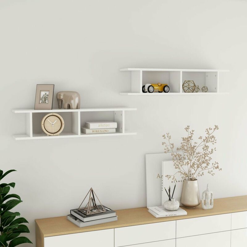 Estantes de pared 2 uds aglomerado blanco brillante 90x18x20cm