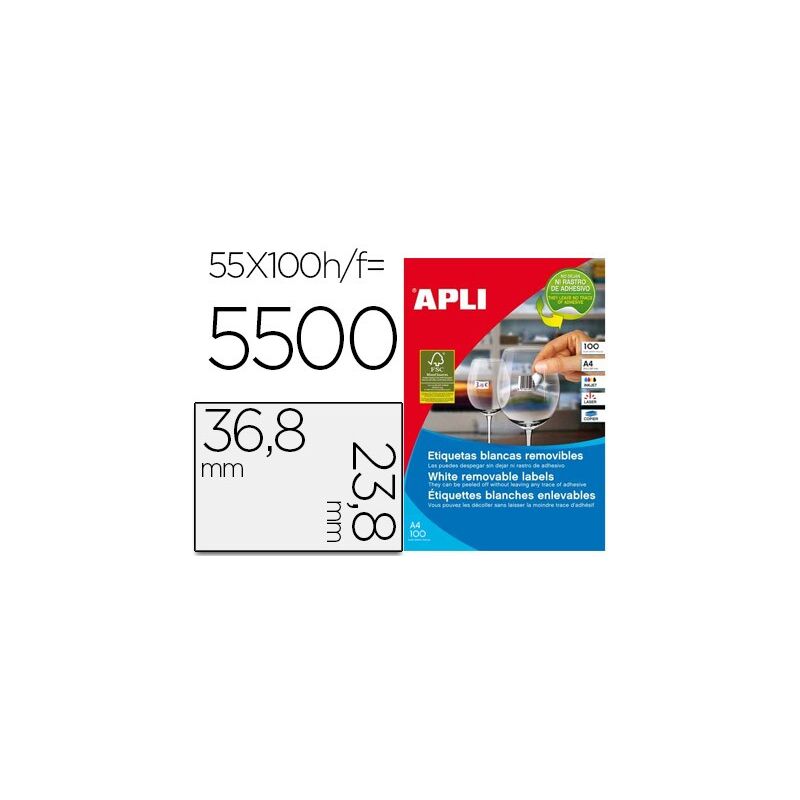Etiqueta adhesiva apli 36,8x23,8 mm fotocopiadora laser inkjet caja 100 hojas din a4 con 5500 etiquetas
Etiqueta adhesiva apli 36,8x23,8 mm fotocopiadora laser inkjet caja 100 hojas din a4 con 5500 etiquetas