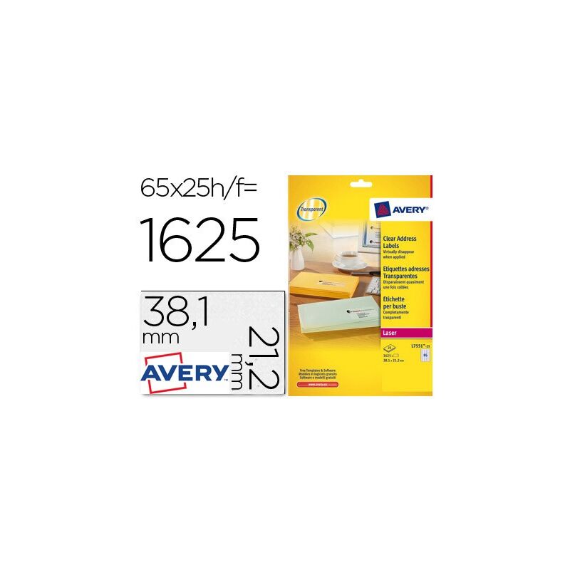 Etiqueta adhesivas avery din a4 imprimibles transparente 38,1x21,2 mm caja de 25 hojas con 1625 etiquetas
Etiqueta adhesivas avery din a4 imprimibles transparente 38,1x21,2 mm caja de 25 hojas con 1625 etiquetas