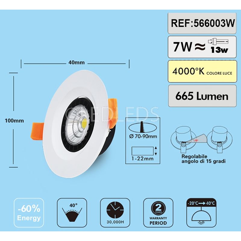 Faretto Bianco Da Incasso Cob W Led Rotondo Orientabile Luce Naturale