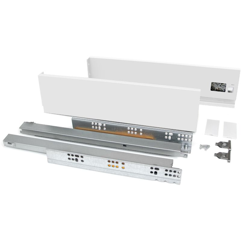 Kit cajón Vertex de cocina o baño, altura 93 mm, prof. 500 mm, 40 Kg, cierre suave, Acero, Blanco
Kit cajón Vertex de cocina o baño, altura 93 mm, prof. 500 mm, 40 Kg, cierre suave, Acero, Blanco