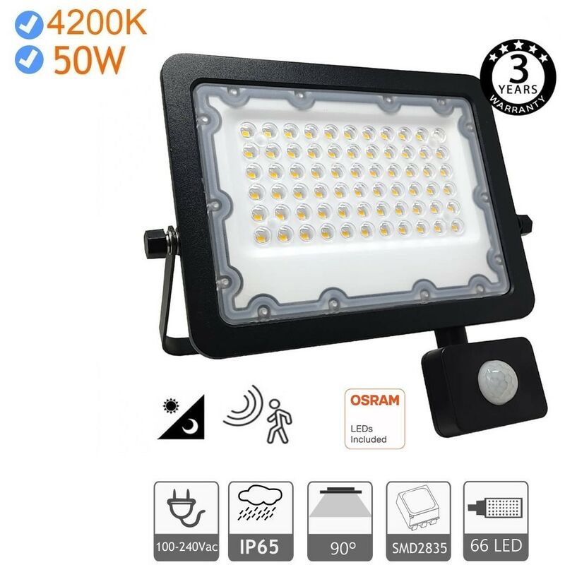 Foco proyector LED Osram IP65 50W con sensor PIR 4200K para iluminación de jardines parques terrazas entradas PF 0.9 Protección contra impactos IK08
Foco proyector LED Osram IP65 50W con sensor PIR 4200K para iluminación de jardines parques terrazas entradas PF 0.9 Protección contra impactos IK08