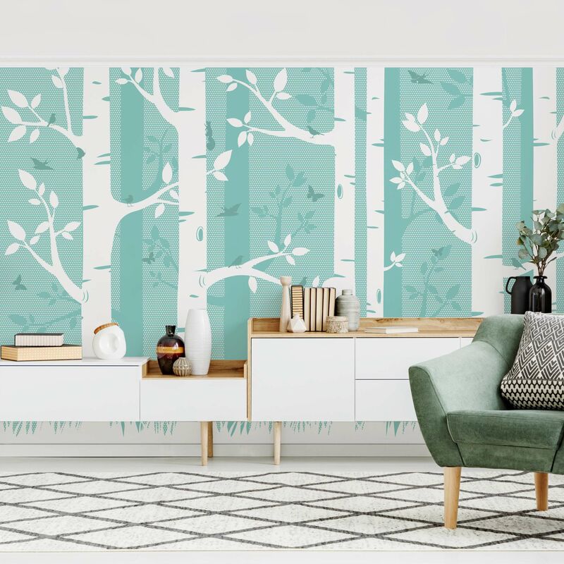 Fotomural - Green Birch Forest With Butterflies And Birds - Mural apaisado Dimensión LxA: 255cm x 384cm 
Fotomural - Green Birch Forest With Butterflies And Birds - Mural apaisado Dimensión LxA: 255cm x 384cm