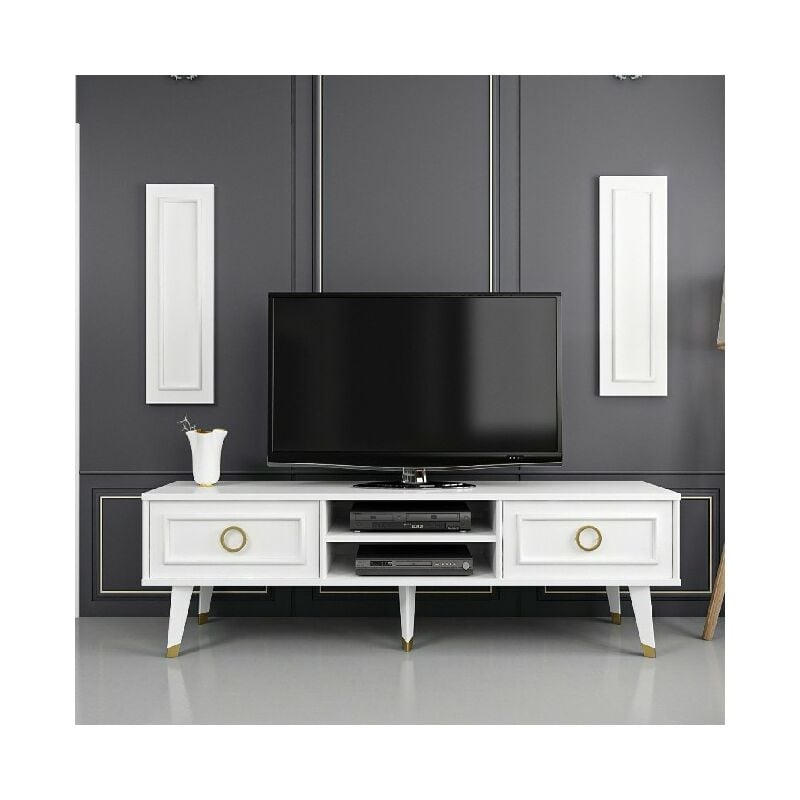 Gabinete de TV Binsu - con Puertas, Estanterias - Sala de estar - Blanco, Oro en Aglomerado de melamina, 150 x 35 x 46 cm, -
Gabinete de TV Binsu - con Puertas, Estanterias - Sala de estar - Blanco, Oro en Aglomerado de melamina, 150 x 35 x 46 cm, -