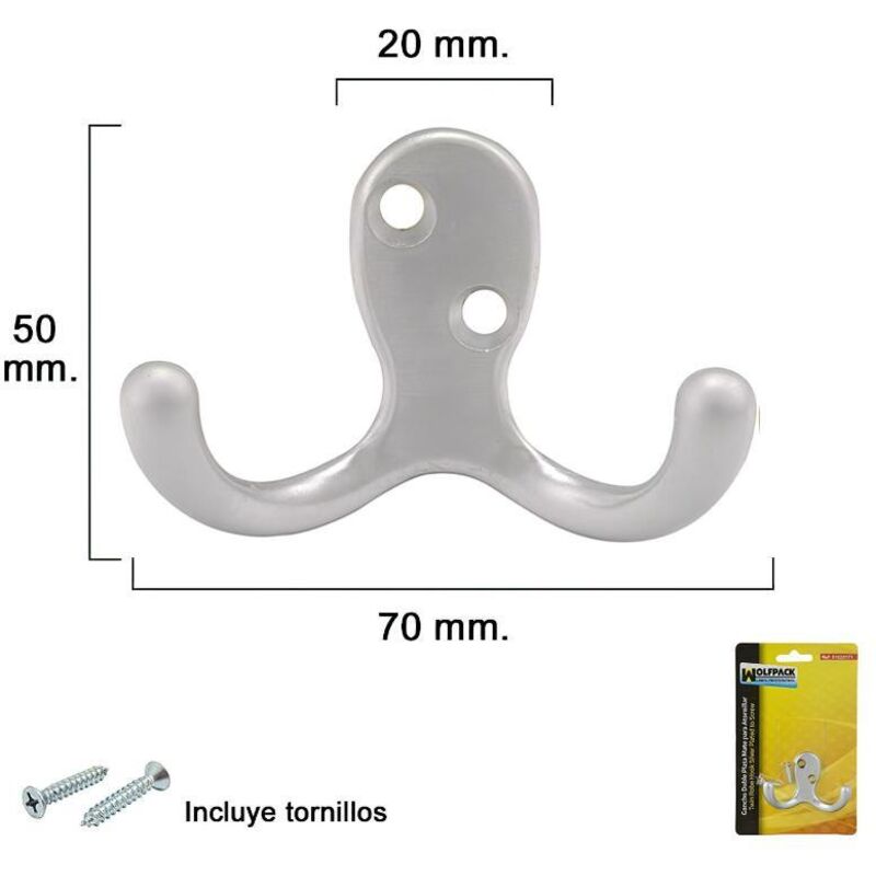 Gancho doble plata mate para atornillar con tornillos incluidos.
Gancho doble plata mate para atornillar con tornillos incluidos.