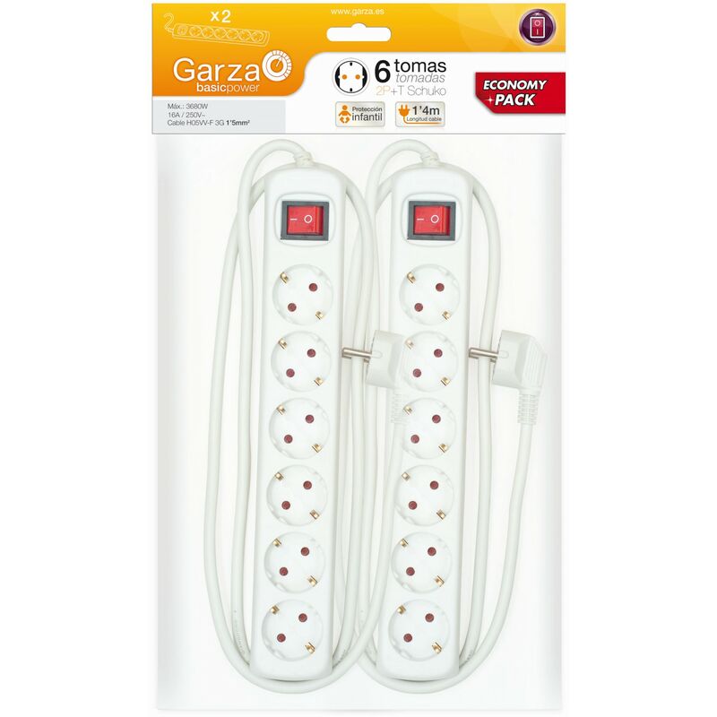 Basic Power Economy Pack 2 unidades - Regleta Base múltiple de 6 tomas con interruptor 1.5mmX1.4m x2 Blanco - Garza
Basic Power Economy Pack 2 unidades - Regleta Base múltiple de 6 tomas con interruptor 1.5mmX1.4m x2 Blanco - Garza
