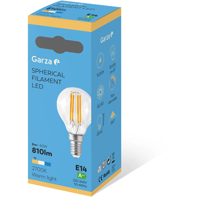 Garza ® - Bombillas Led de Filamento Decorativa Esférica, Luz cálida 2700K, Casquillo E14, 6W 810 lúmenes
Garza ® - Bombillas Led de Filamento Decorativa Esférica, Luz cálida 2700K, Casquillo E14, 6W 810 lúmenes