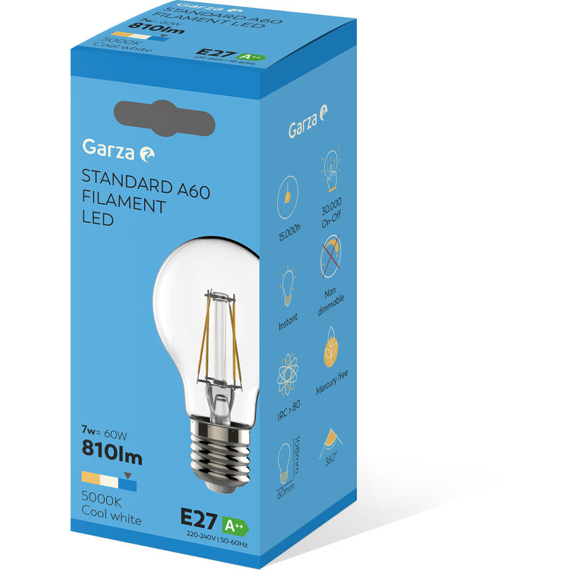 Garza ® - Bombillas Led de Filamento Decorativa Estándar, Luz fría 5000K, Casquillo E27, 7W 810 lúmenes
Garza ® - Bombillas Led de Filamento Decorativa Estándar, Luz fría 5000K, Casquillo E27, 7W 810 lúmenes