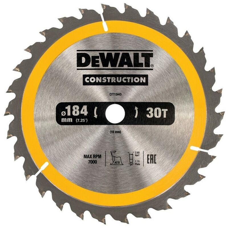 DEWALT DT1940-QZ - Hoja para sierra circular portátil para construcción 184x16mm 30D ATB +10º
DEWALT DT1940-QZ - Hoja para sierra circular portátil para construcción 184x16mm 30D ATB +10º