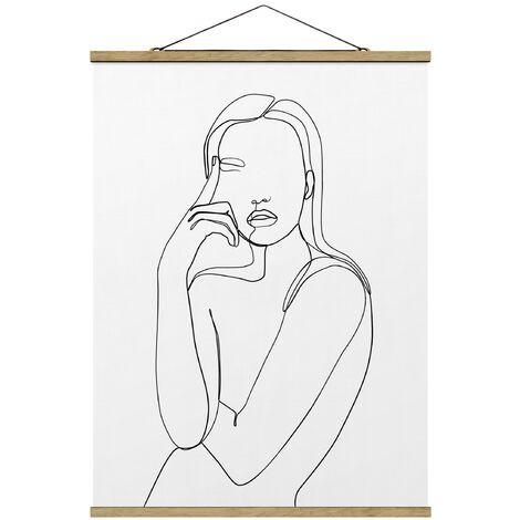 Stoffbild Mit Posterleisten Line Art Nachdenkliche Frau Schwarz Wei