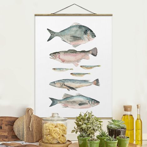 Stoffbild Mit Posterleisten Sieben Fische In Aquarell Ii Hochformat