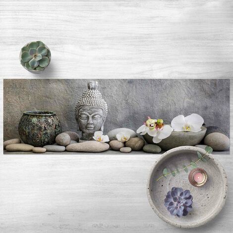 Vinyl Teppich Zen Buddha mit weißen Orchideen Panorama Quer Größe