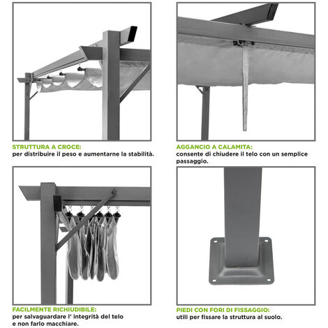 Hortan Gazebo Pergola 3 X 3 Metri Con Telo Impermeabile Richiudibile E