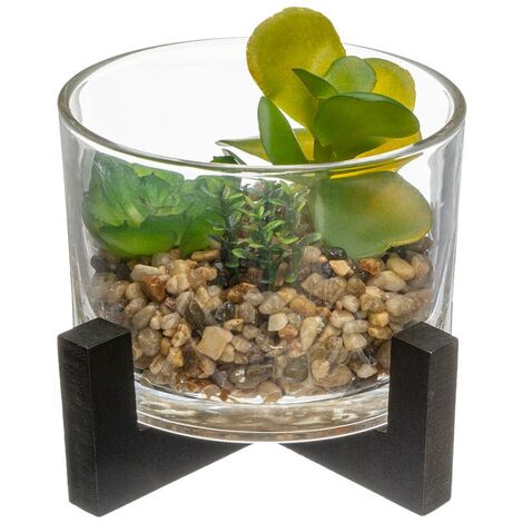 Planta Artificial Maceta De Cristal Madera H12cm Modelo A