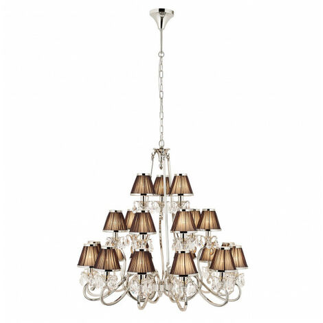 Chandelier Oksana Nickel Poli Pampilles Cristal 21 Abat Jours Noirs