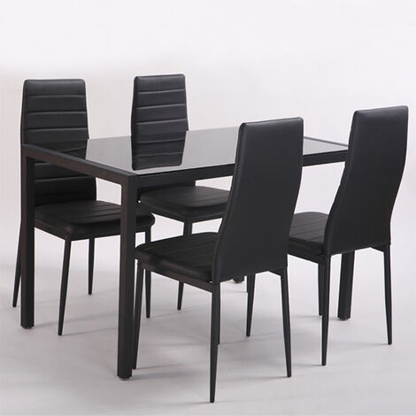 Set Of 4 PU Leather Padded Seat Metal Legs Dining Chair Black