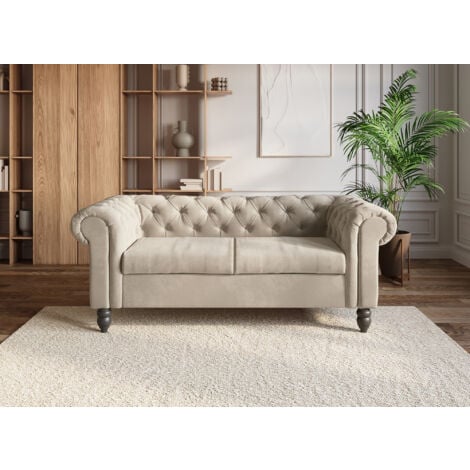 Canapé Chesterfield 2 places en velours beige WINSTON