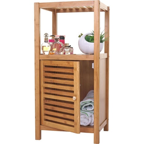 Étagère de salle de bains HWC B18 Armoire Commode Bambou 80x36x34cm