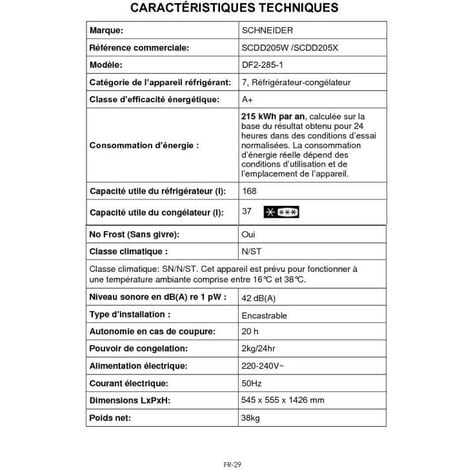 Réfrigérateurs 2 portes 205L Froid Statique SCHNEIDER 54 5cm SCDD 205 W