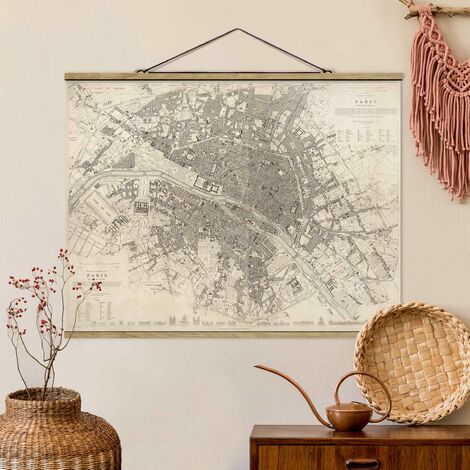 Tableau En Tissu Avec Baguettes De Suspension Vintage Map Paris