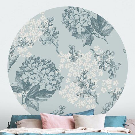 Papier peint rond autocollant Hortensia Pattern In Blue Ø 50cm