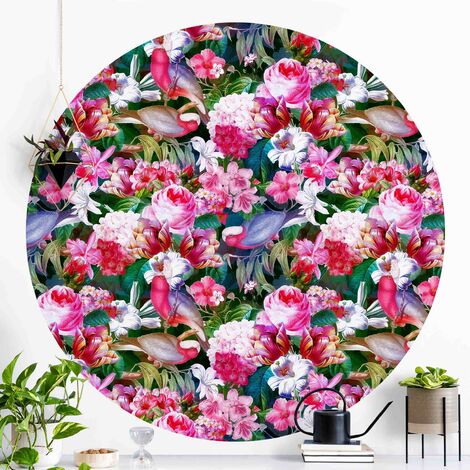 Papier Peint Rond Autocollant Colorful Tropical Flowers With Birds