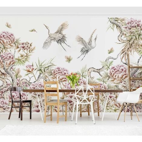 Papier peint intissé Watercolor Storks In Flight With Roses Mural