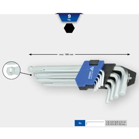 Juego de llaves Allen 9 pzs perfil de hexágono interior cortas