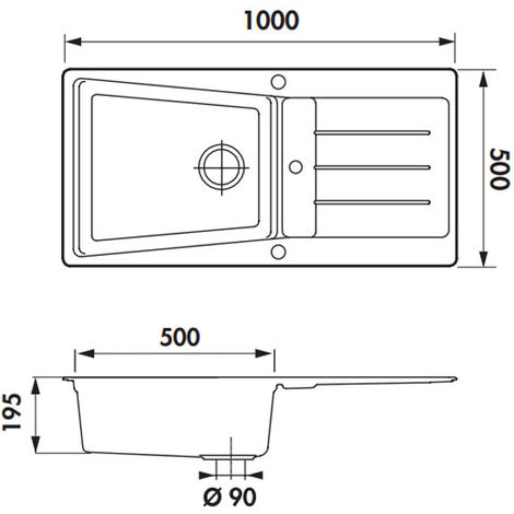 Évier de cuisine Cristalite Opus 1000 x 500 x 195 mm sous meuble 60