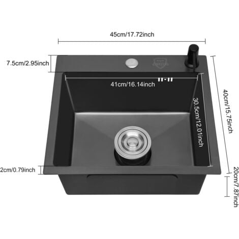 Évier de cuisine encastrable 40 x 45 cm en acier inoxydable noir avec