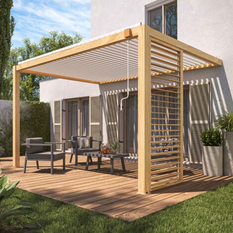 Pérgola bioclimática adosada de 3 x 4m blanco en madera y 1 mampara