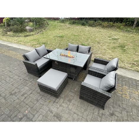 Fimous Rattan Outdoor Furniture Gas Fire Pit Rectangle Dining Table Gas