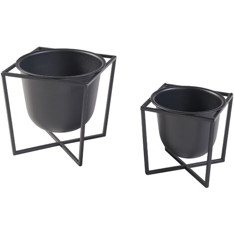 Set De 2 Soportes Para Plantas Nordmaling Con Macateros Metal Negro