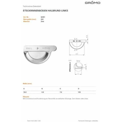 GRÖMO ZINK Steckrinnenboden TITANZINK halbrund links 250 62651